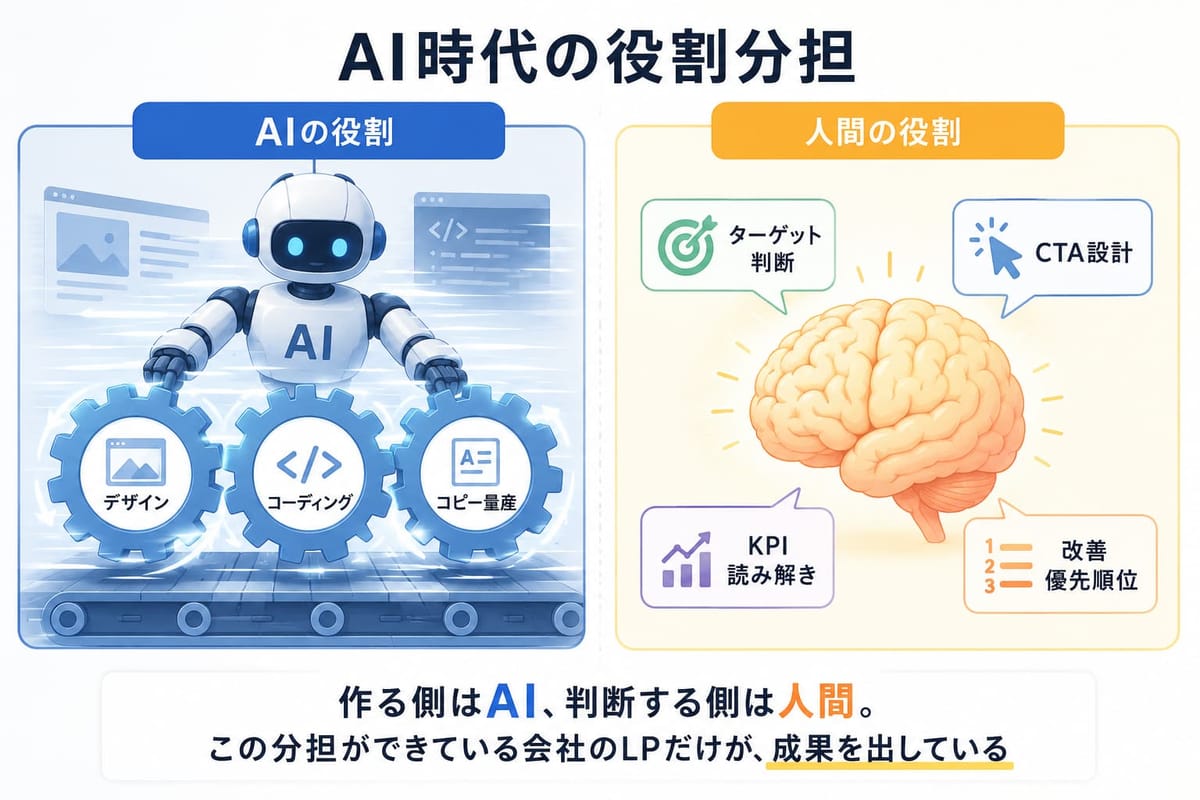 AI時代の役割分担。AIの役割はデザイン・コーディング・コピー量産、人間の役割はターゲット判断・CTA設計・KPI読み解き・改善優先順位。「作る側はAI、判断する側は人間」
